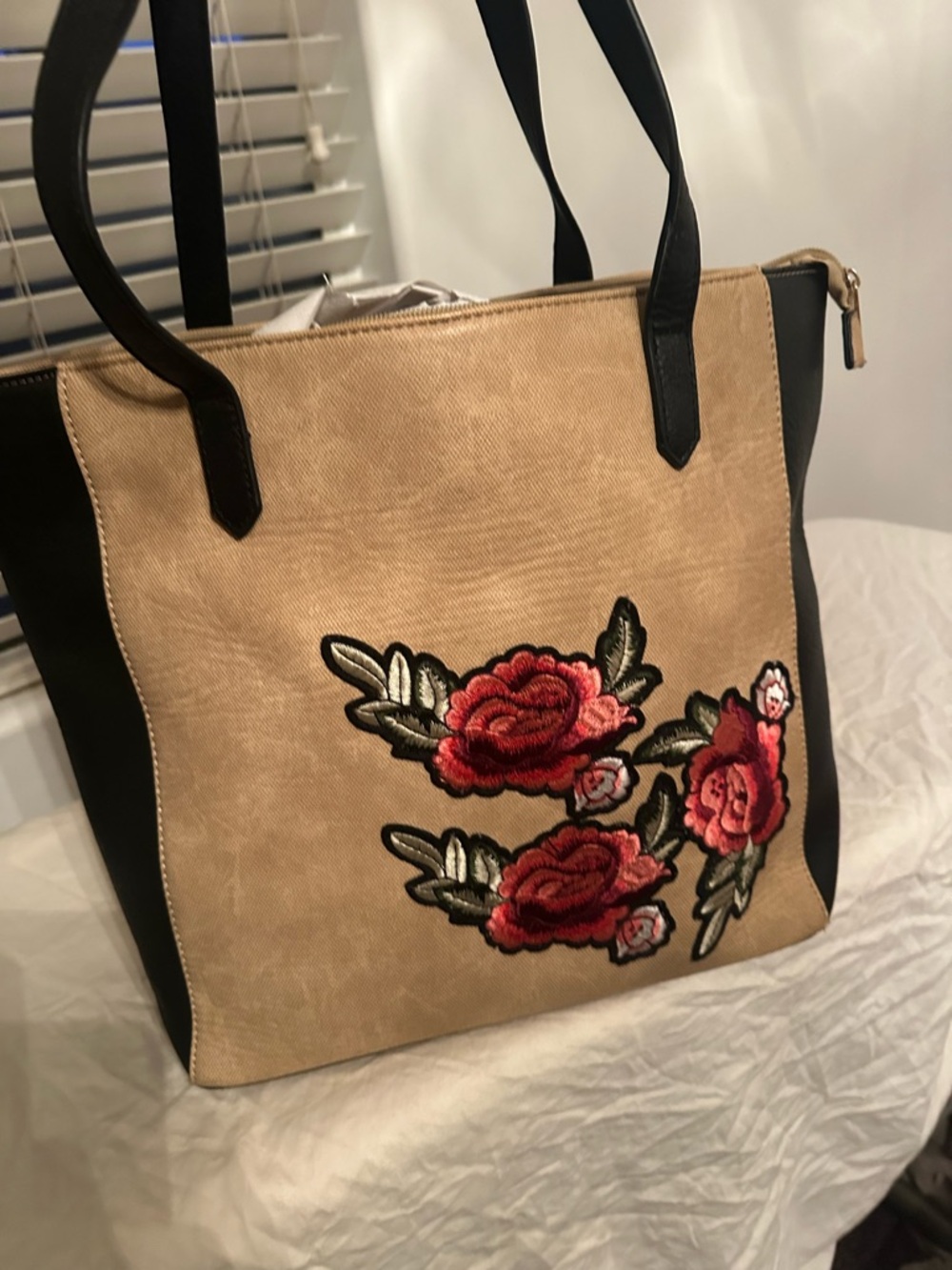 VIETA Fashion Beige Tote with Red Rose Embroidery and Black Trim